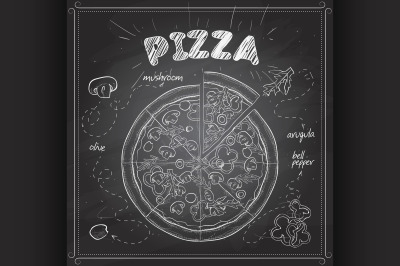 Pizza with mashrooms scetch on a black board