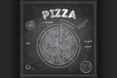 Pizza with salami scetch on a black board