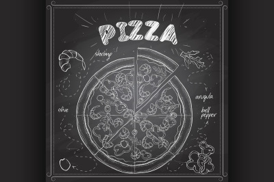 Pizza with shrimp scetch on a black board