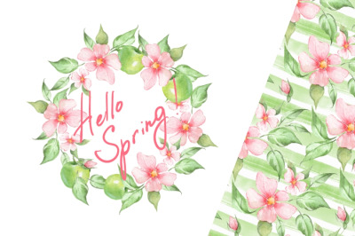 Spring wreath and seamless patterns