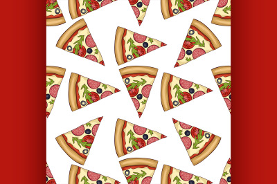 Seamless pattern color pizza with salami