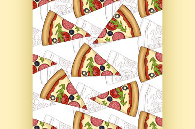 Seamless pattern pizza salami scetch and color