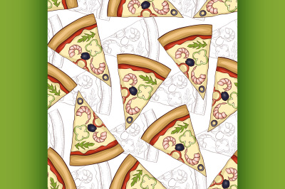 Seamless pattern pizza shrimp scetch and color