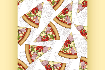 Seamless pattern scetch and color pizza with bacon