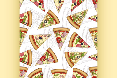 Seamless pattern scetch with four types of pizza