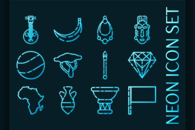 Set of Africa blue glowing neon icons.