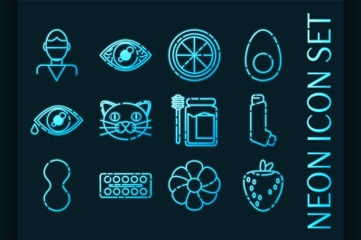 Set of Allergy blue glowing neon icons.