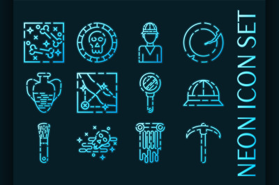 Set of Archeology blue glowing neon icons.