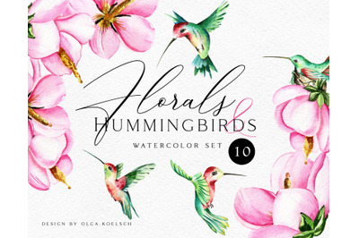 Watercolor hummingbird clipart. Tropical pink flower clipart