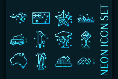 Set of Australia blue glowing neon icons
