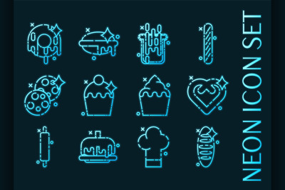 Set of Bakery blue glowing neon icons.