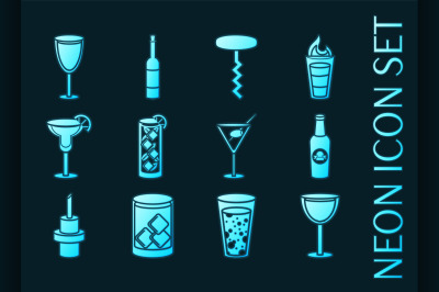 Set of Bar blue glowing neon icons.