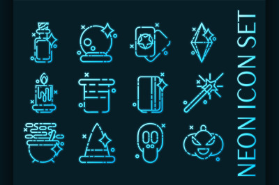 Set of Black magic glowing neon icons.