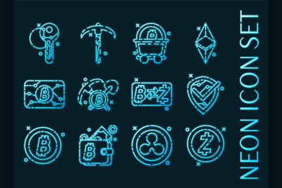 Set of Blockchain blue glowing neon icons.