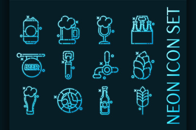 Set of Brewing blue glowing neon icons.