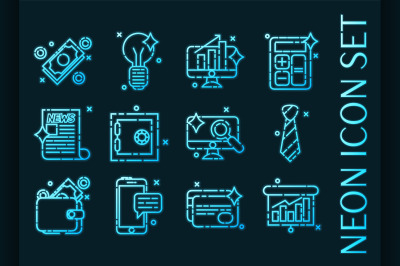 Set of Business blue glowing neon icons