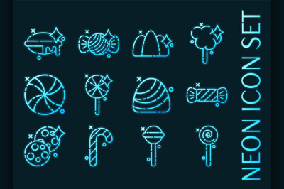 Set of Candy blue glowing neon icons.