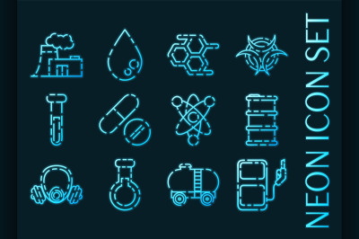 Set of chemical industry glowing neon icons