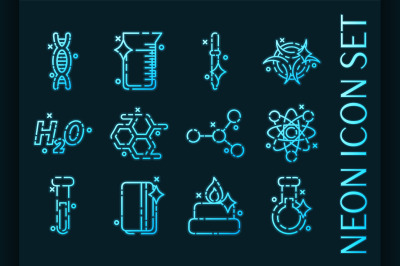Set of chemical industry glowing neon icons