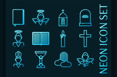 Set of Christianity blue glowing neon icons