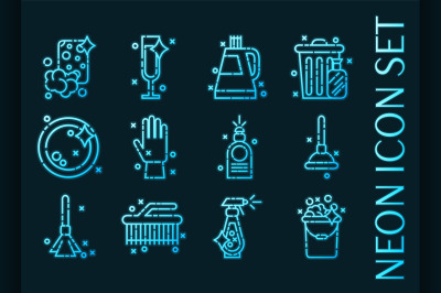 Set of Cleaning Blue glowing neon icons.