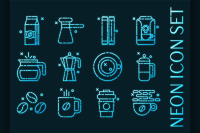 Set of Coffee blue glowing neon icons