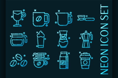 Set of Coffee blue glowing neon icons