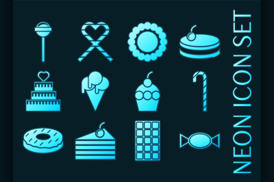 Set of Confectionery Blue glowing neon icons.