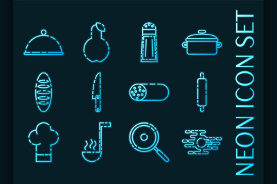 Set of Cooking Blue glowing neon icons.