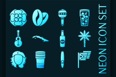 Set of Cuba Blue glowing neon icons.