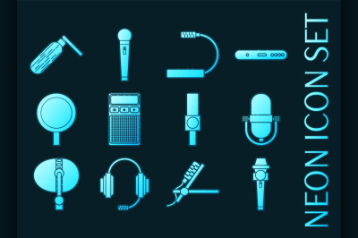 Set of Different microphones types neon icons