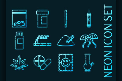 Set of Drugs Blue glowing neon icons