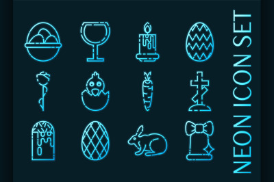 Set of Easter Blue glowing neon icons