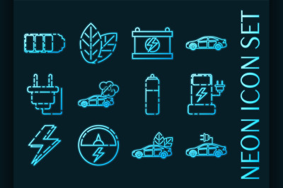 Set of Electric car Blue glowing neon icons.