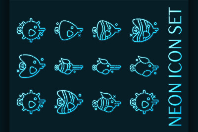 Fish set icons. Blue glowing neon style.