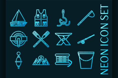 Fishing set icons. Blue glowing neon style.