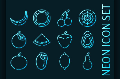 Fruits set icons. Blue glowing neon style.
