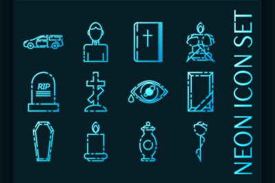 Funeral set icons. Blue glowing neon style.