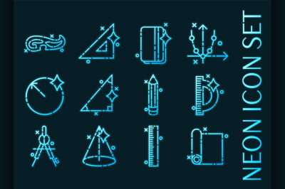 Geometry set icons. Blue glowing neon style.