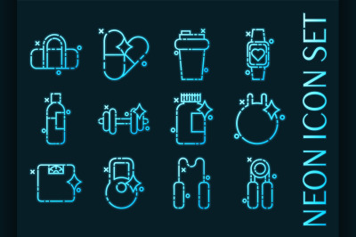 Gym set icons. Blue glowing neon style.