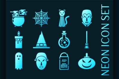 Halloween set icons. Blue glowing neon style.