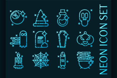 Halloween set icons. Blue glowing neon style.