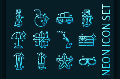 Hawaii set icons. Blue glowing neon style.