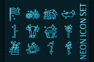 Holland set icons. Blue glowing neon style.