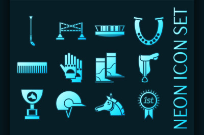 Horse riding set icons. Blue glowing neon style.