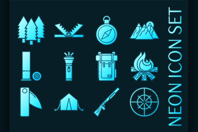 Hunting set icons. Blue glowing neon style