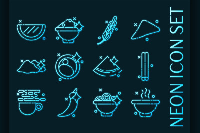 Indian food set icons. Blue glowing neon style