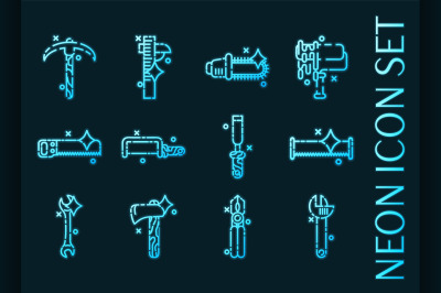 Instruments set icons. Blue glowing neon style