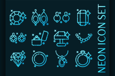 Jeweler set icons. Blue glowing neon style.