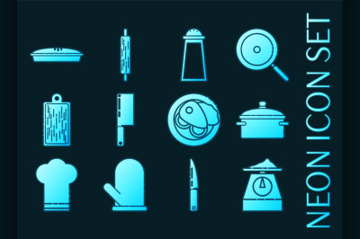 Kitchen set icons. Blue glowing neon style.